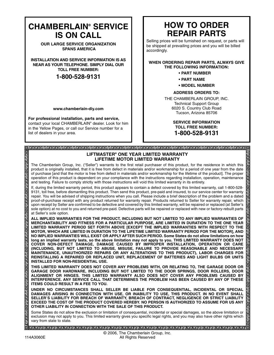 Warranty, Spanish, Chamberlain | Service is on call, How to order repair parts | Chamberlain POWER DRIVE PD752D User Manual | Page 40 / 40