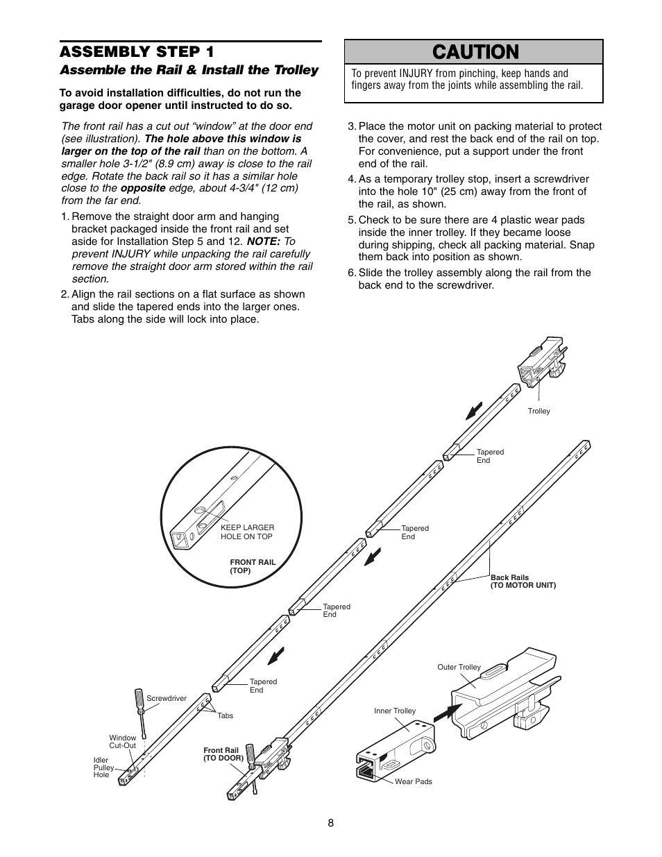 Assembly, Step 1 assemble the rail & install the trolley, Warning caution warning warning | Assembly step 1, Assemble the rail & install the trolley | Chamberlain POWER DRIVE PD752D User Manual | Page 8 / 40