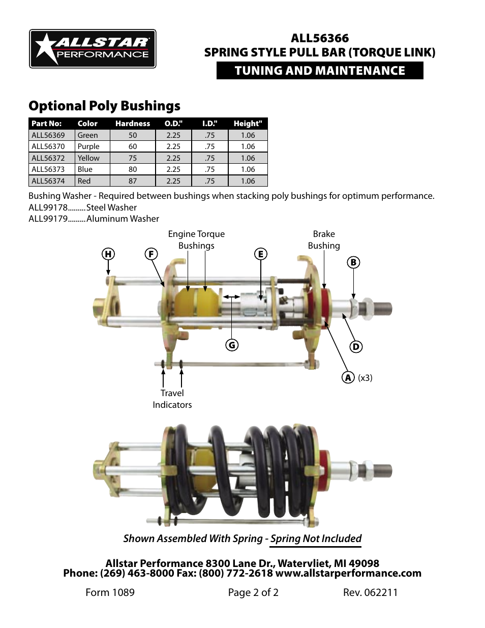 Optional poly bushings, Shown assembled with spring - spring not included | Allstar Performance ALL56366 User Manual | Page 2 / 2