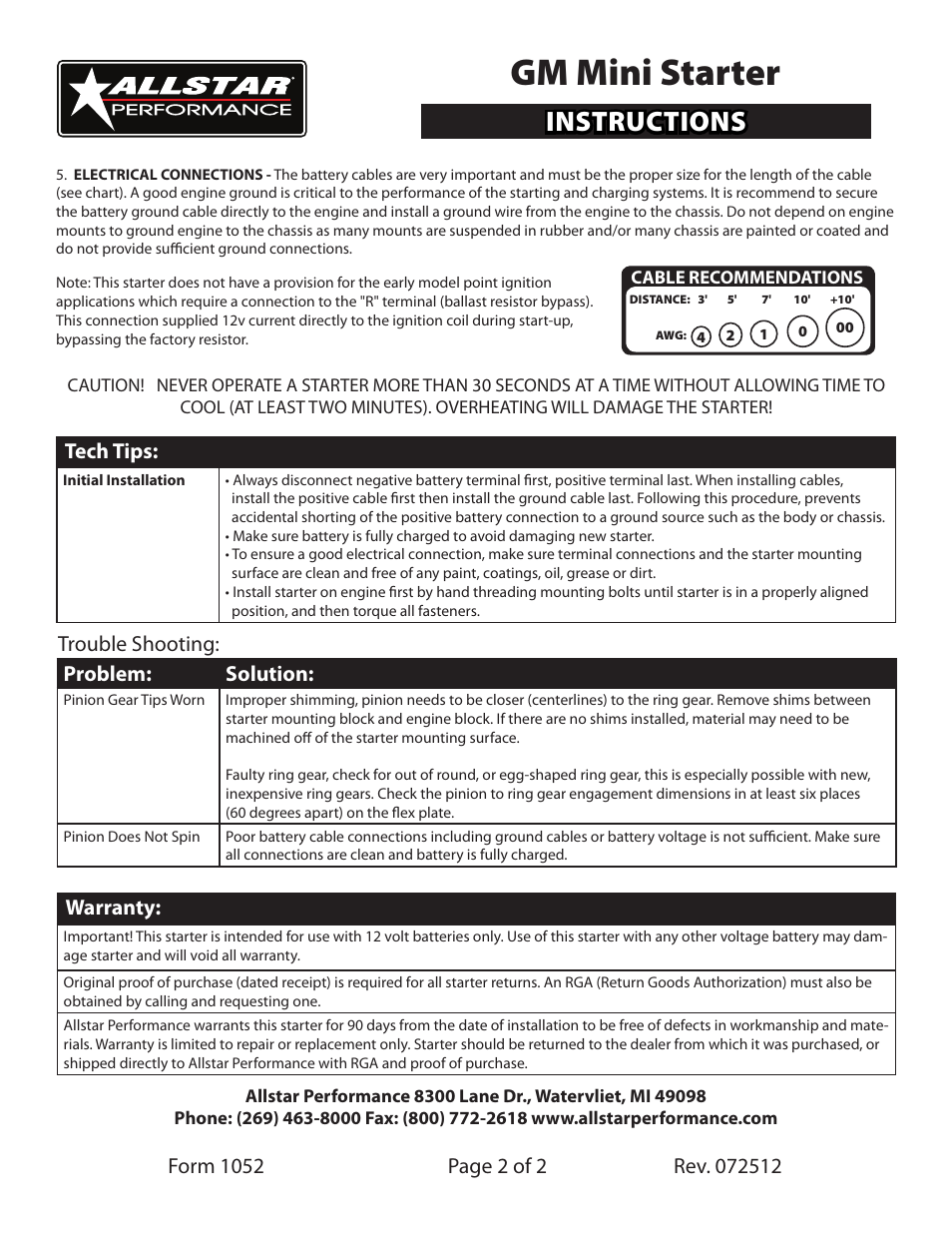 Gm mini starter, Instructions, Trouble shooting: problem: solution | Warranty: tech tips | Allstar Performance ALL80525 User Manual | Page 2 / 2