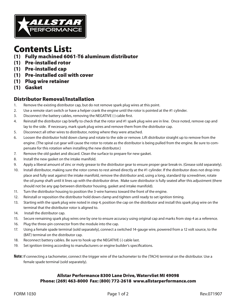 Allstar Performance ALL81200-02 User Manual | 2 pages