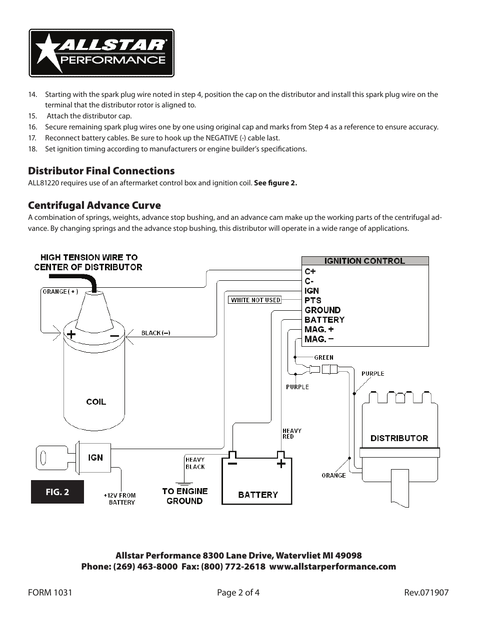 Distributor final connections, Centrifugal advance curve | Allstar Performance ALL81220 User Manual | Page 2 / 4