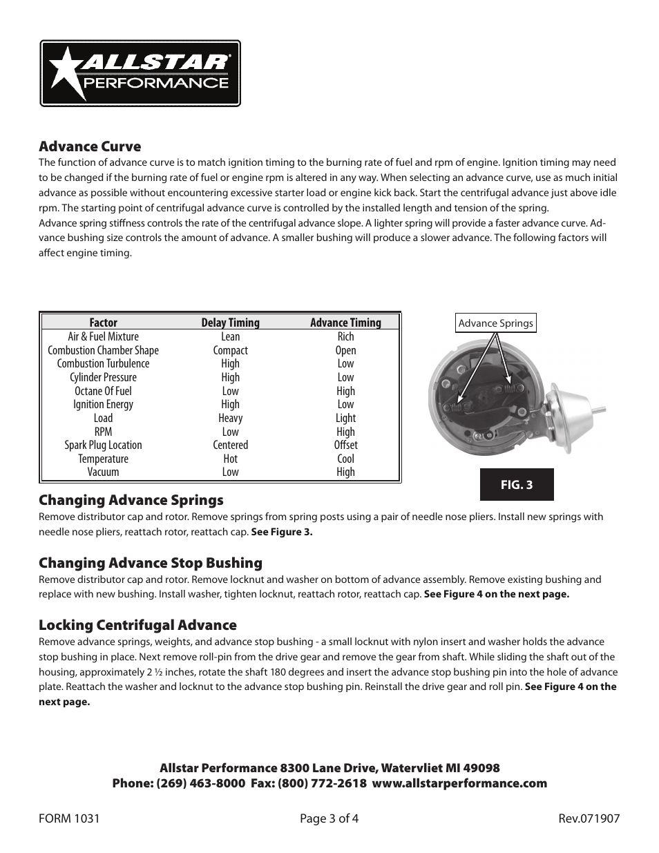 Advance curve, Changing advance springs, Changing advance stop bushing | Locking centrifugal advance | Allstar Performance ALL81220 User Manual | Page 3 / 4