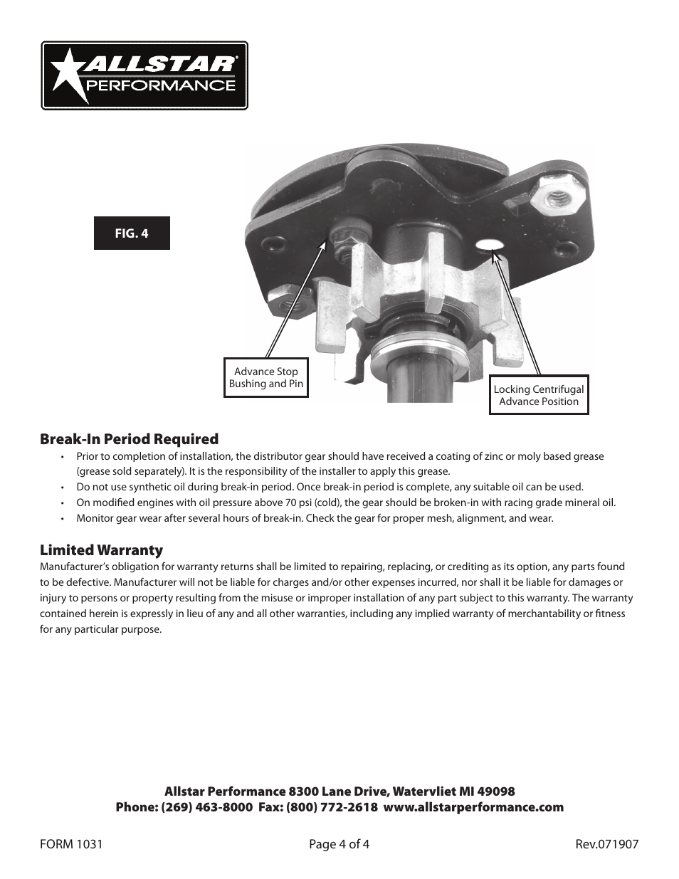 Break-in period required, Limited warranty | Allstar Performance ALL81220 User Manual | Page 4 / 4