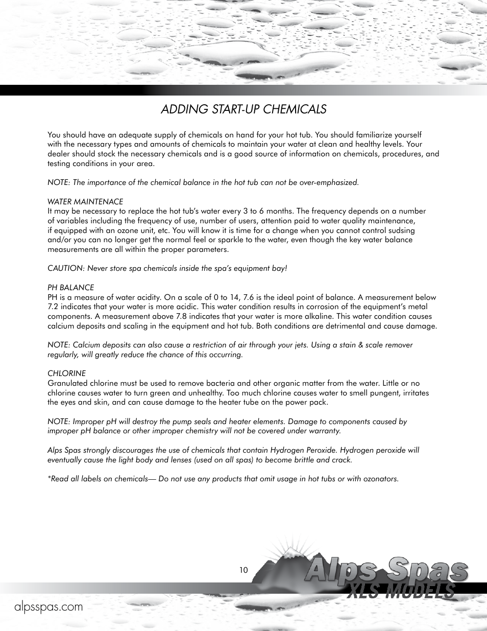 Adding start-up chemicals | Alps Spas XLS Models User Manual | Page 10 / 17