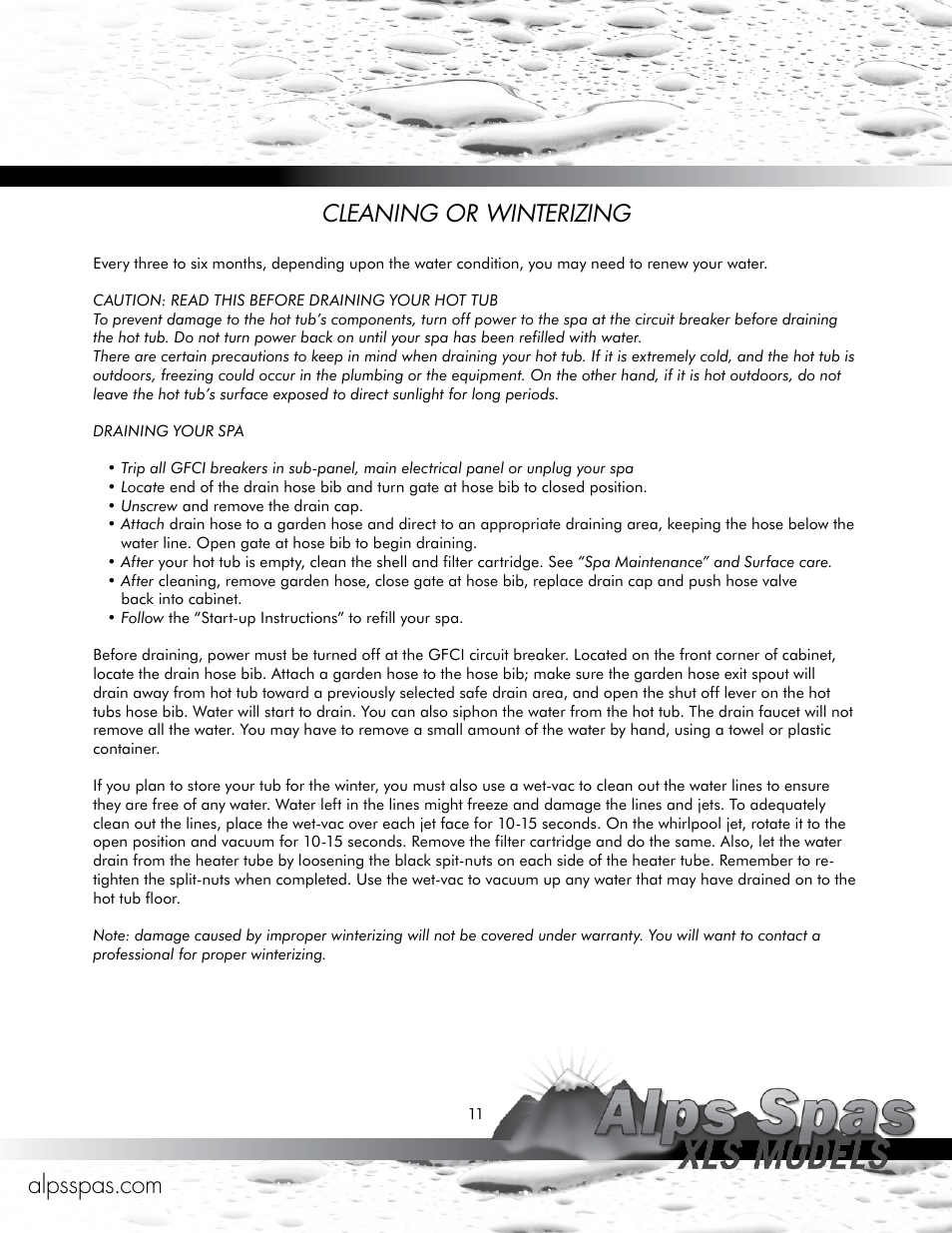 Cleaning or winterizing | Alps Spas XLS Models User Manual | Page 11 / 17