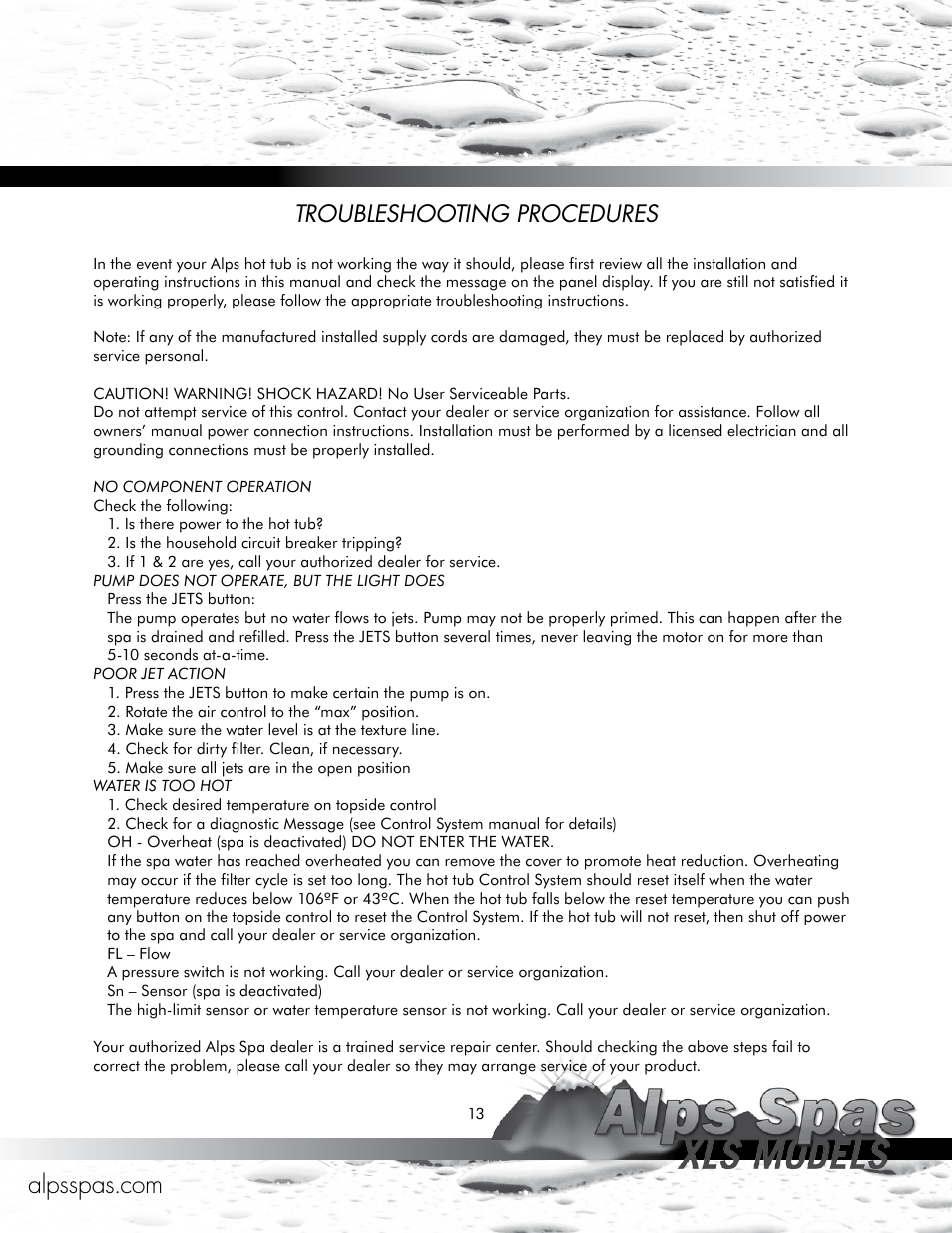 Troubleshooting procedures | Alps Spas XLS Models User Manual | Page 13 / 17