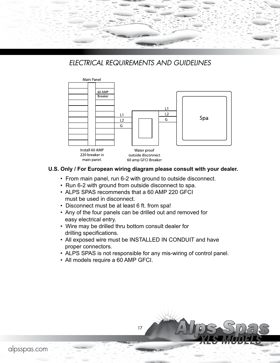 Aluminum wire will void warranty, Electrical requirements and guidelines | Alps Spas XLS Models User Manual | Page 17 / 17