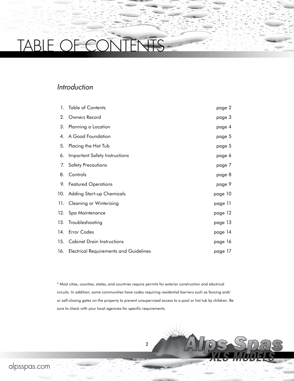 Alps Spas XLS Models User Manual | Page 2 / 17