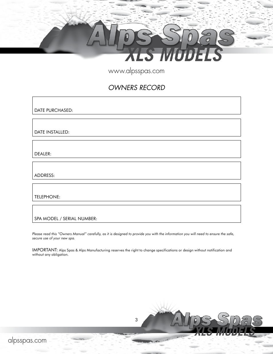 Owners record | Alps Spas XLS Models User Manual | Page 3 / 17