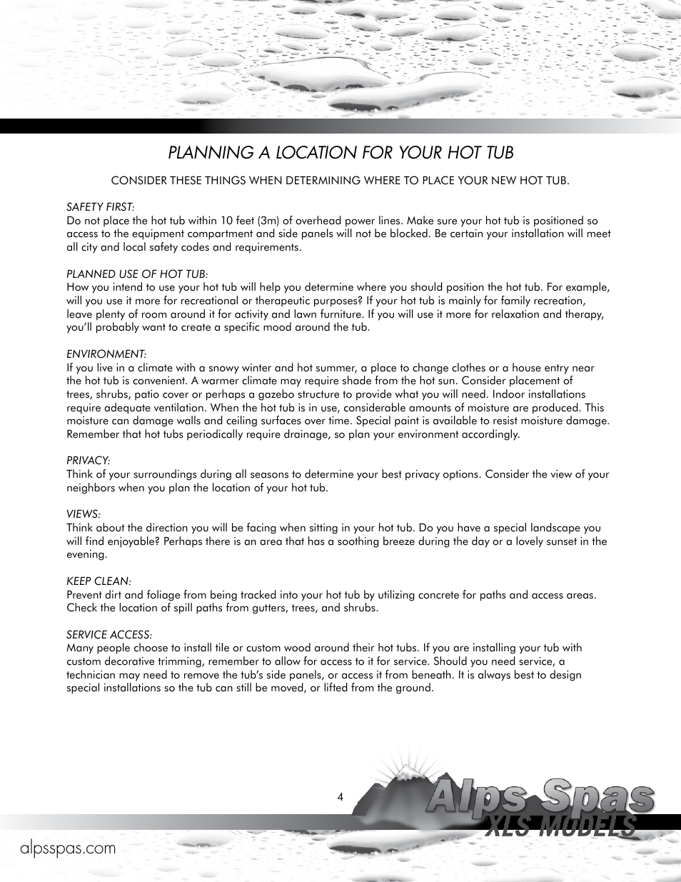 Planning a location for your hot tub | Alps Spas XLS Models User Manual | Page 4 / 17