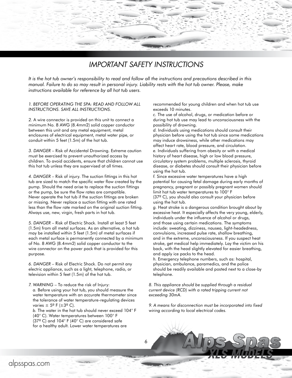 Important safety instructions | Alps Spas XLS Models User Manual | Page 6 / 17