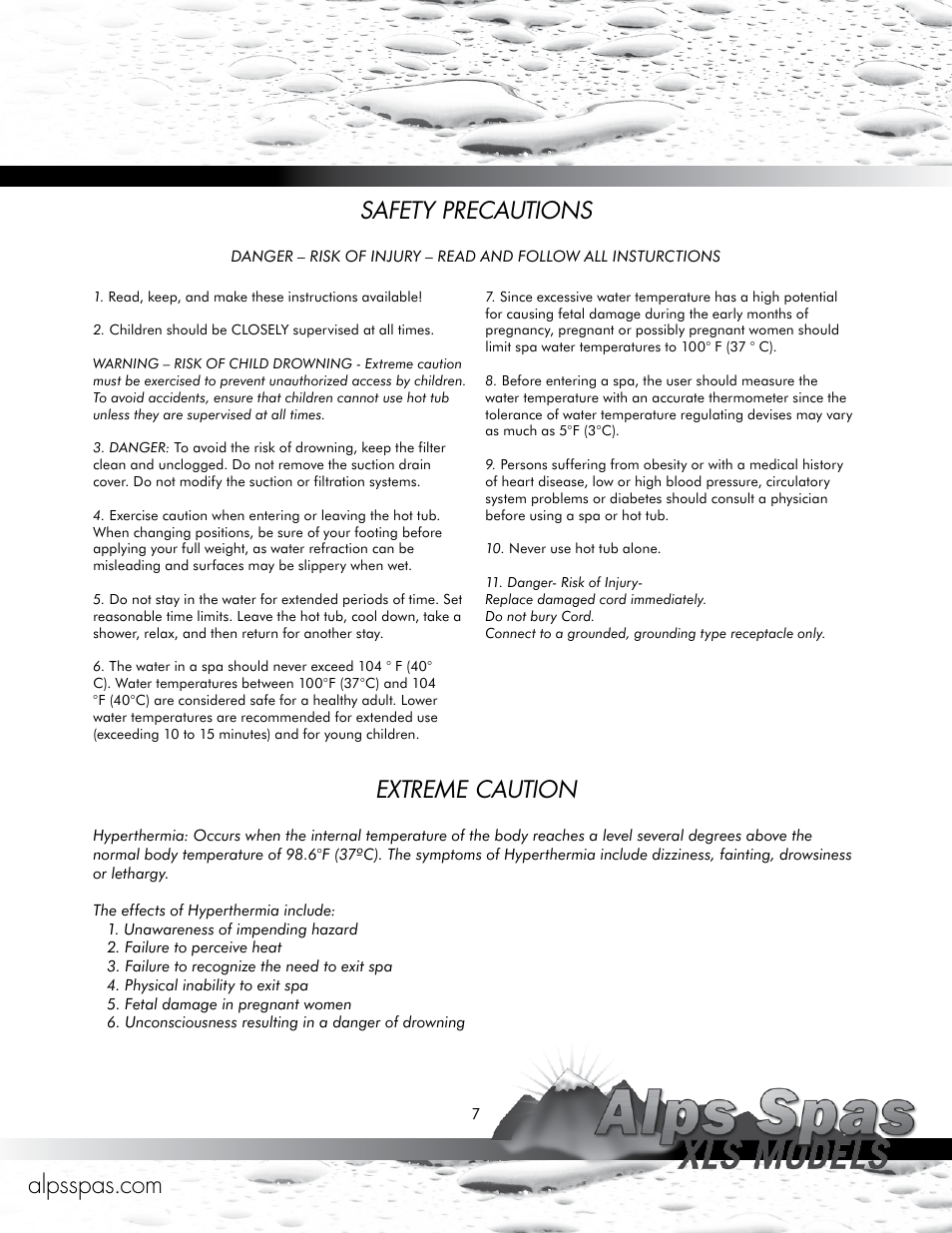 Safety precautions extreme caution | Alps Spas XLS Models User Manual | Page 7 / 17