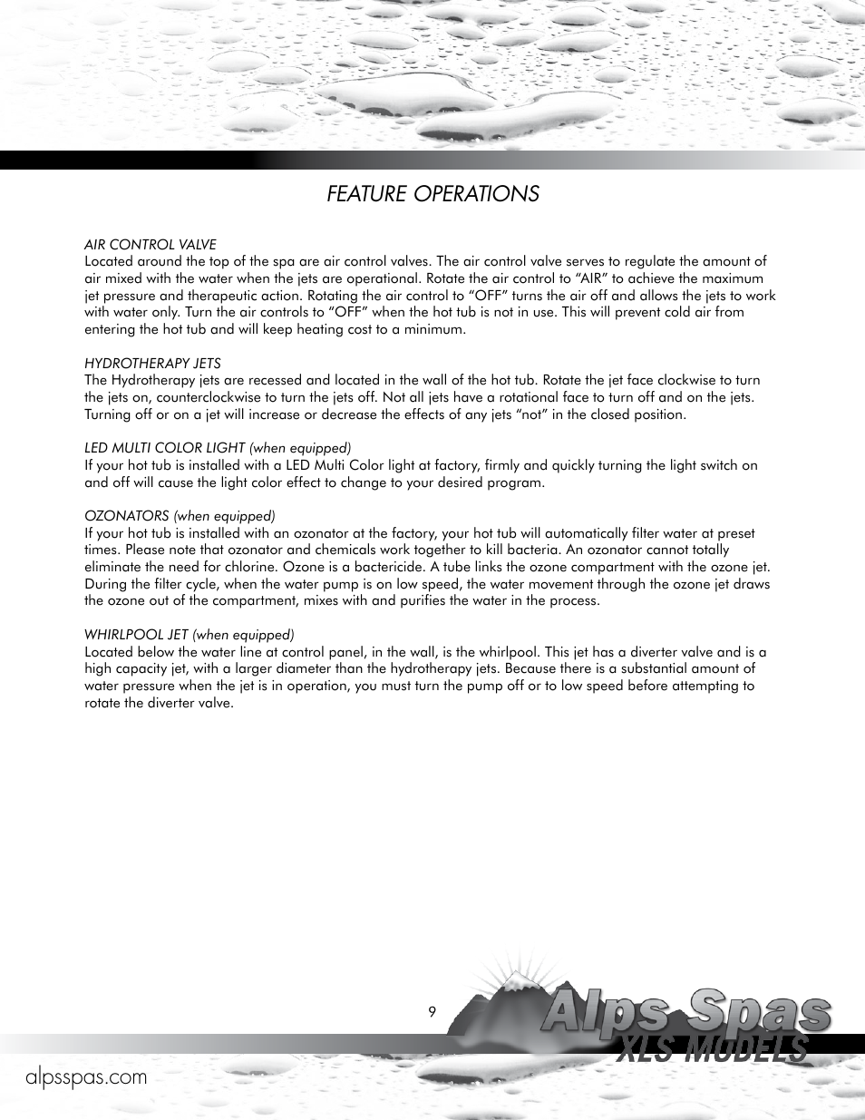 Feature operations | Alps Spas XLS Models User Manual | Page 9 / 17