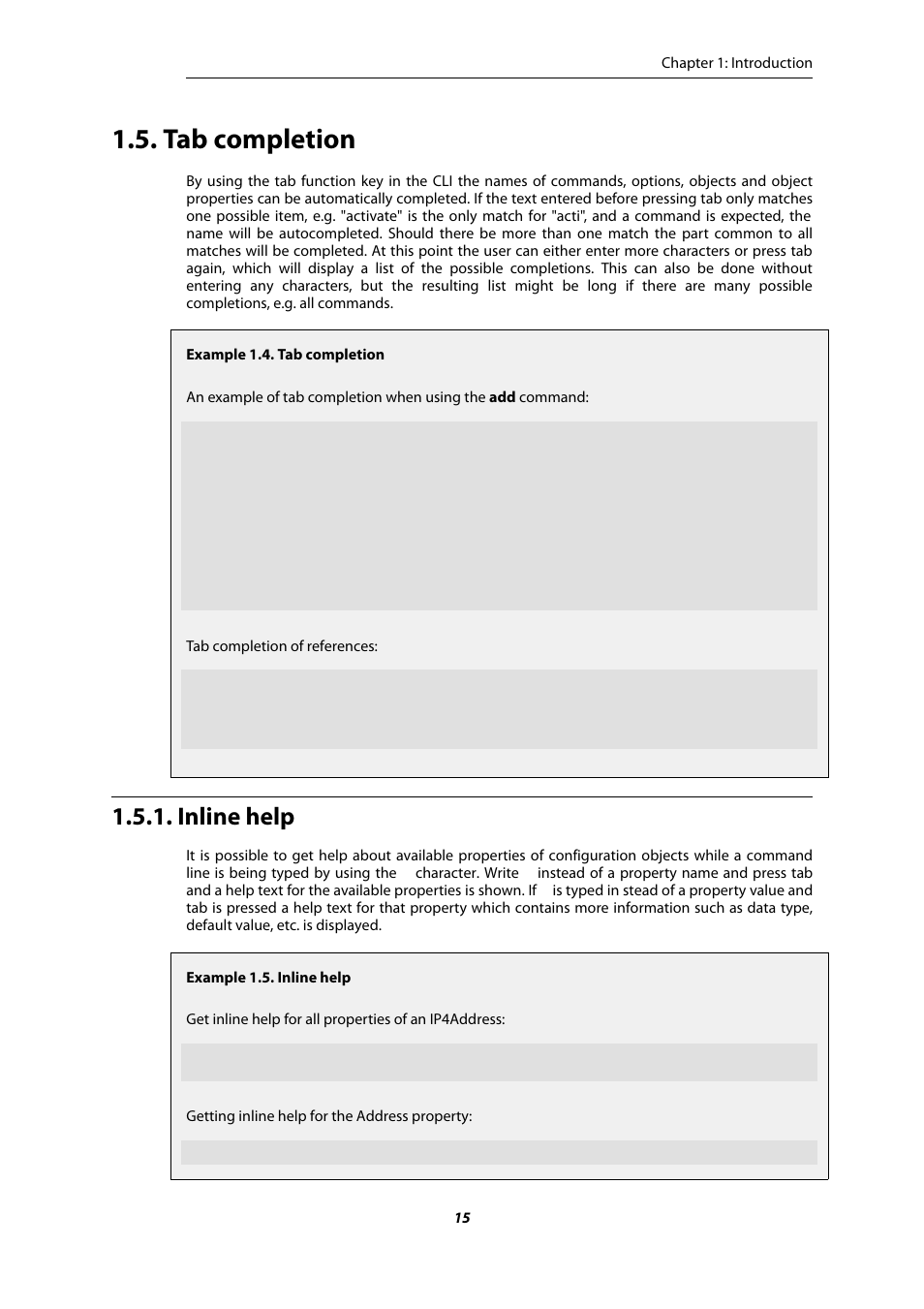 Tab completion, Inline help, Section 1.5.1, “inline help | Amer Networks E5 CLI User Manual | Page 15 / 290