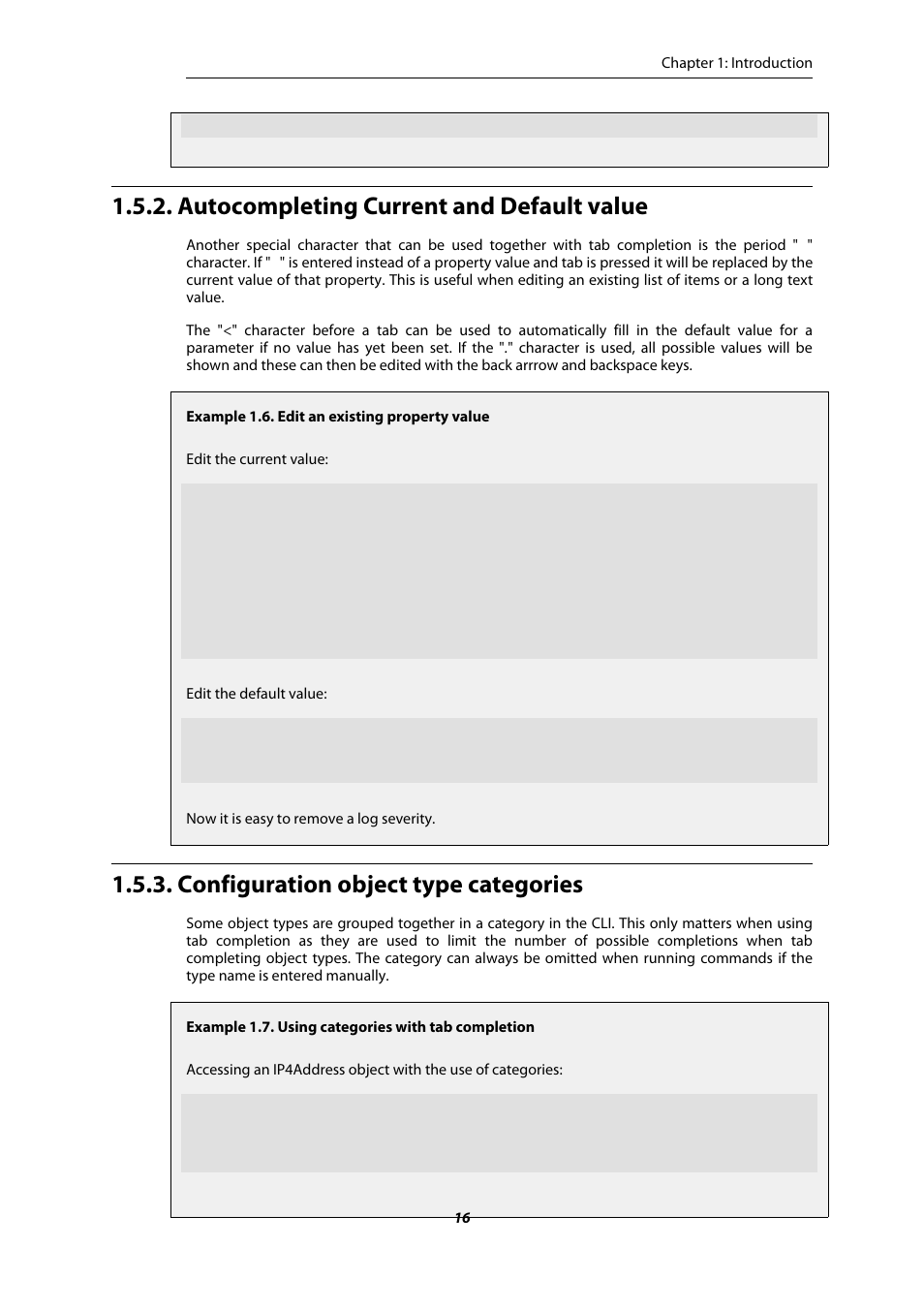Autocompleting current and default value, Configuration object type categories, Edit an existing property value | Using categories with tab completion | Amer Networks E5 CLI User Manual | Page 16 / 290