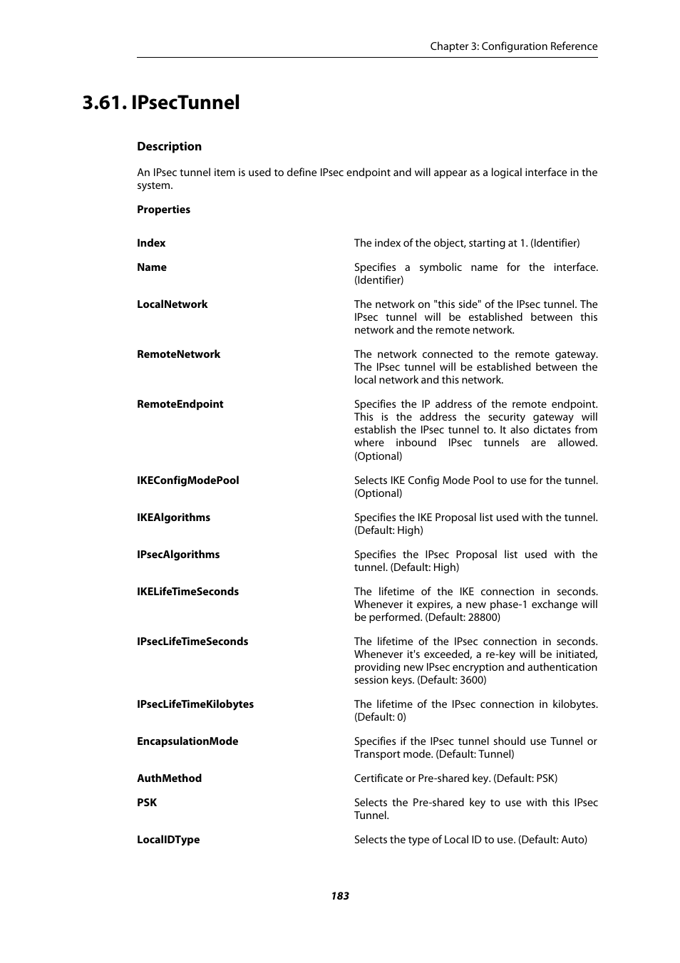Ipsectunnel | Amer Networks E5 CLI User Manual | Page 183 / 290