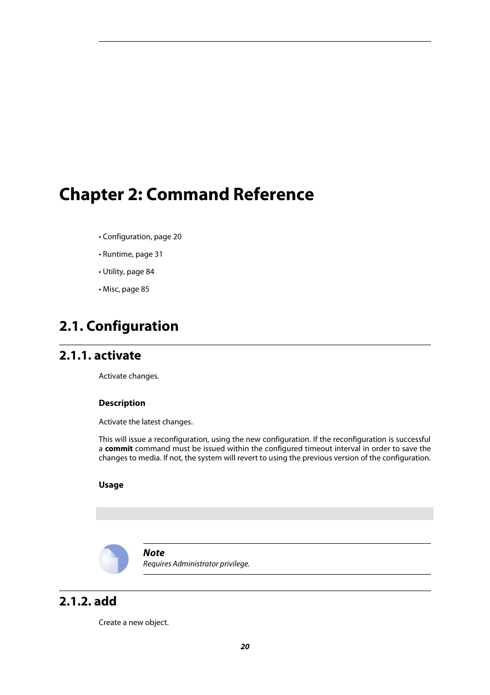 Chapter 2: command reference, Configuration, Activate | Command reference | Amer Networks E5 CLI User Manual | Page 20 / 290