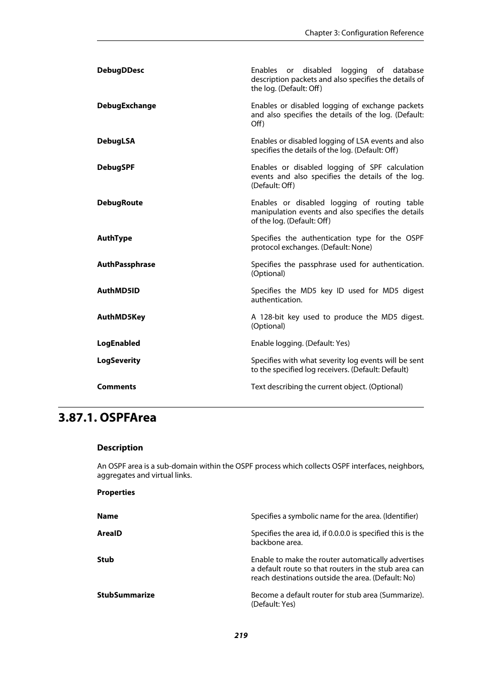 Ospfarea | Amer Networks E5 CLI User Manual | Page 219 / 290
