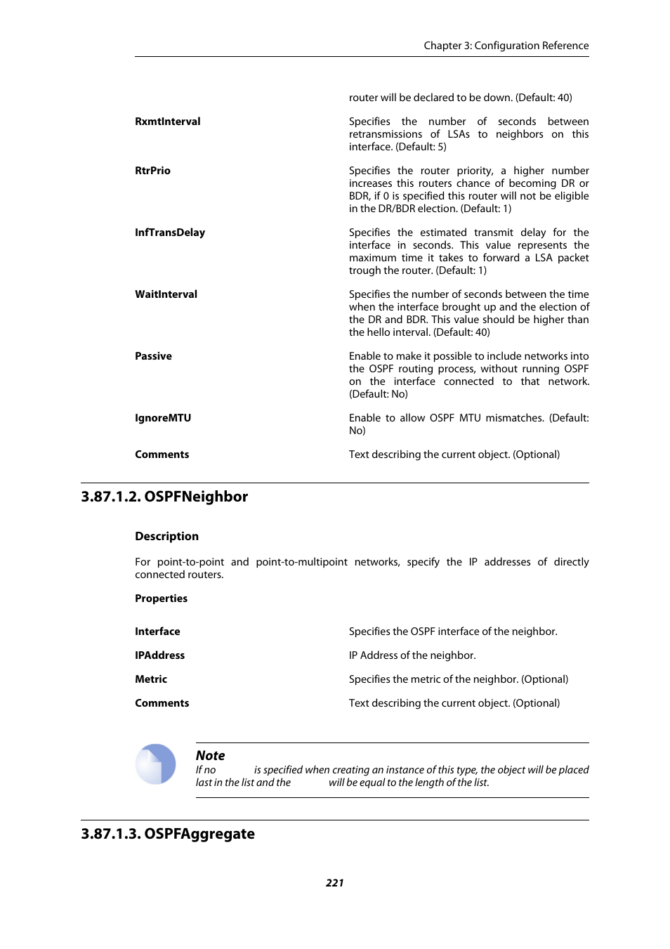 Ospfneighbor, Ospfaggregate | Amer Networks E5 CLI User Manual | Page 221 / 290