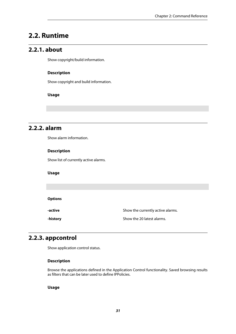 Runtime, About, Alarm | Appcontrol | Amer Networks E5 CLI User Manual | Page 31 / 290