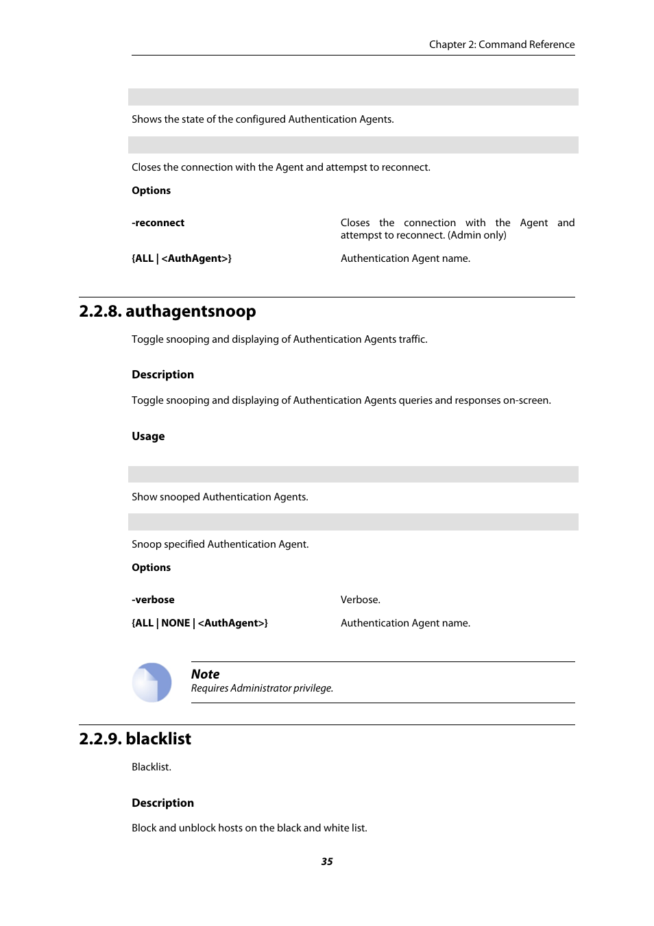 Authagentsnoop, Blacklist | Amer Networks E5 CLI User Manual | Page 35 / 290