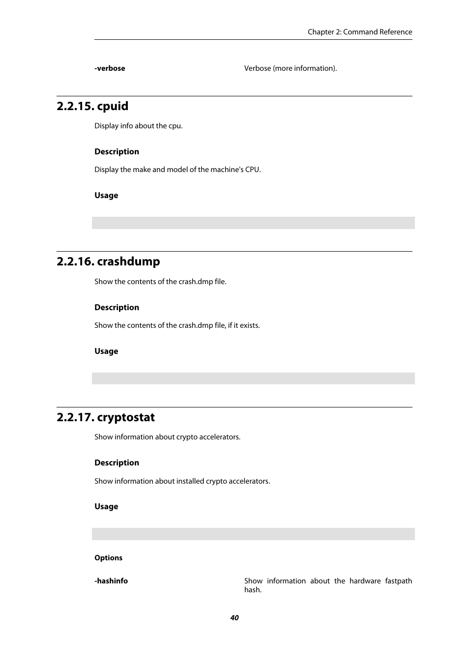 Cpuid, Crashdump, Cryptostat | Amer Networks E5 CLI User Manual | Page 40 / 290