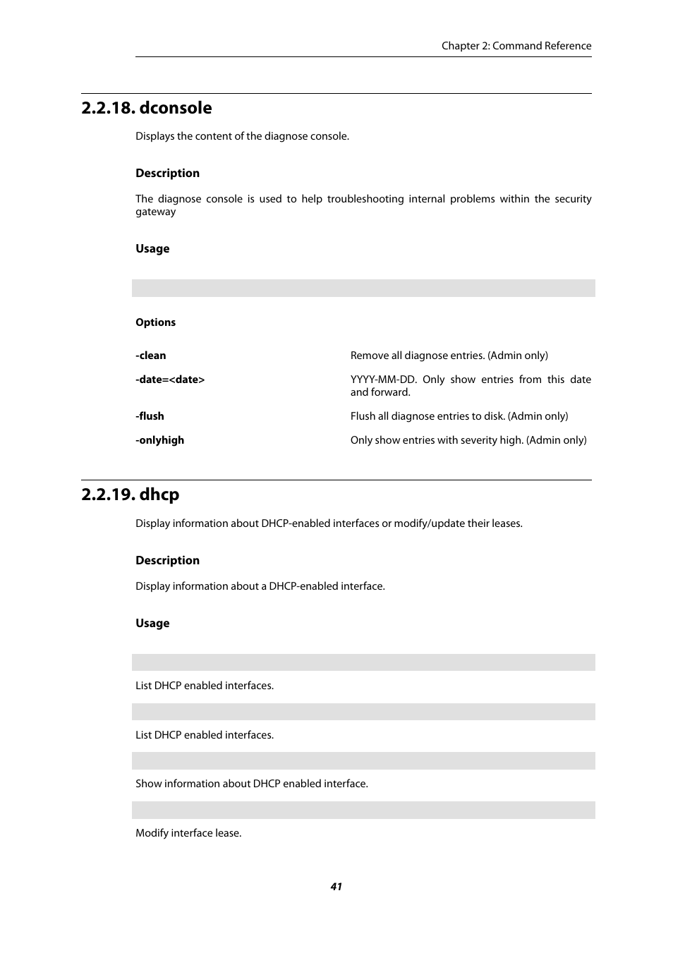 Dconsole, Dhcp | Amer Networks E5 CLI User Manual | Page 41 / 290
