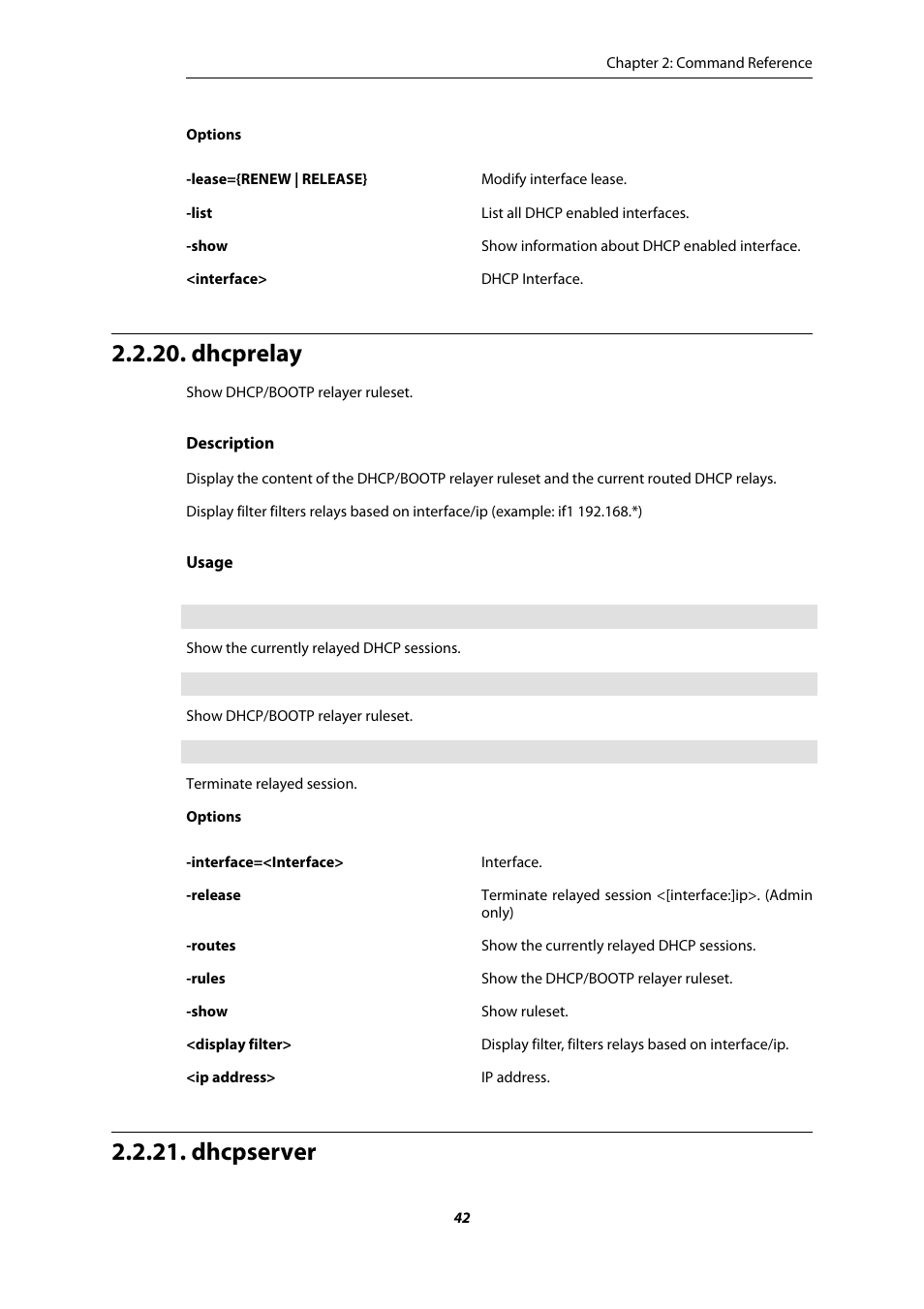 Dhcprelay, Dhcpserver | Amer Networks E5 CLI User Manual | Page 42 / 290