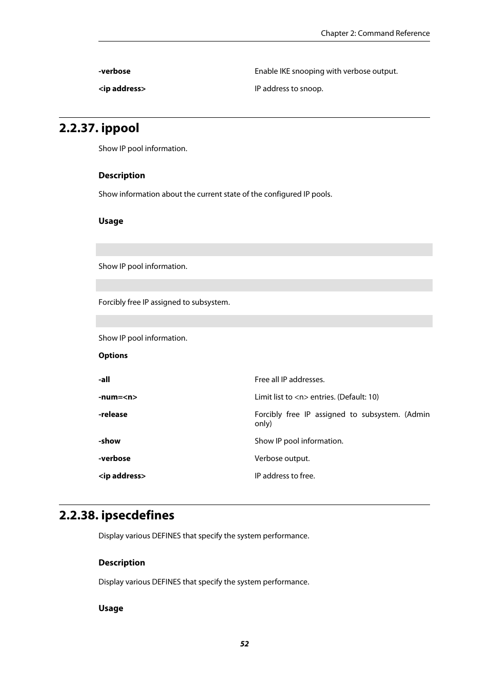 Ippool, Ipsecdefines | Amer Networks E5 CLI User Manual | Page 52 / 290
