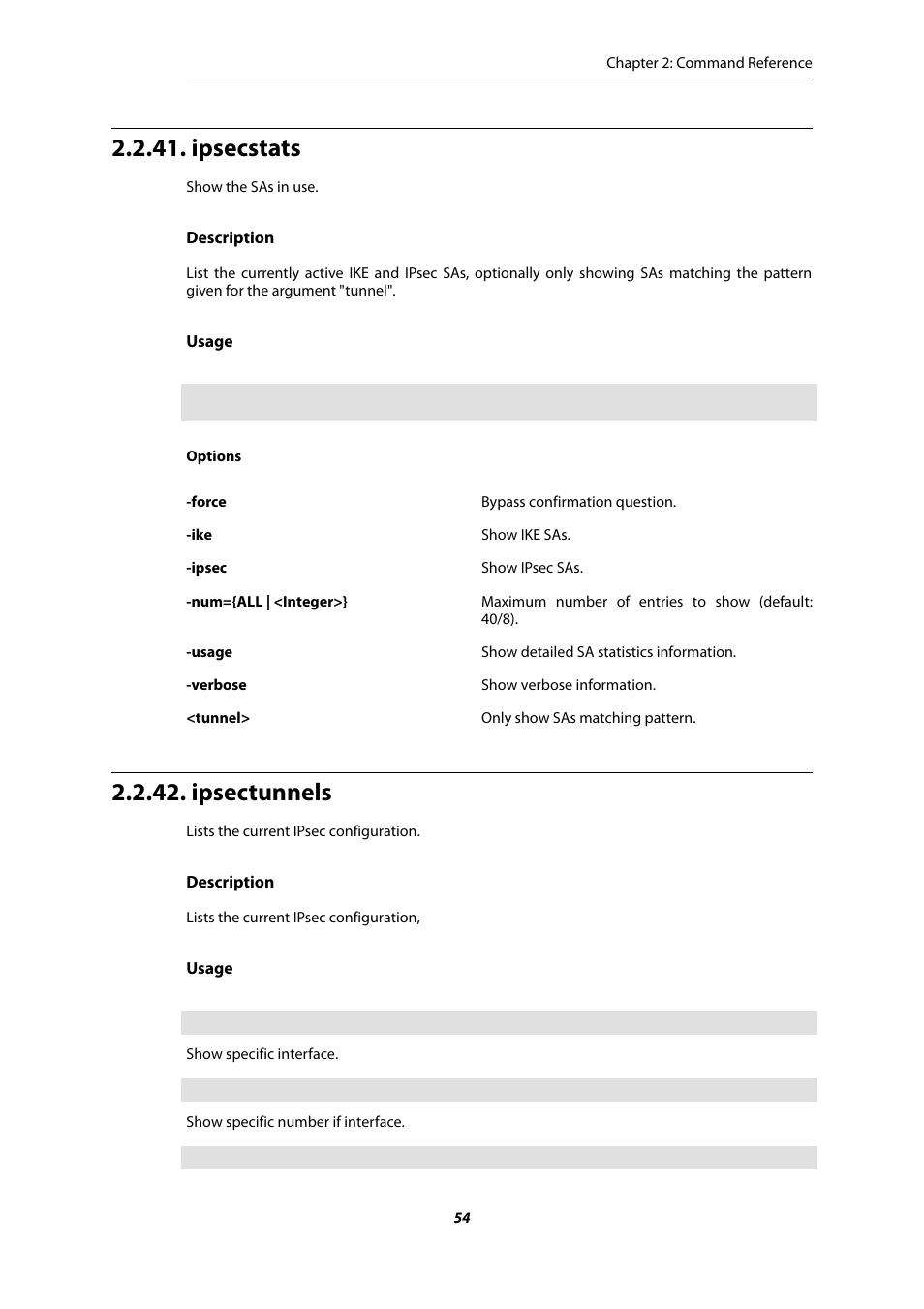 Ipsecstats, Ipsectunnels | Amer Networks E5 CLI User Manual | Page 54 / 290
