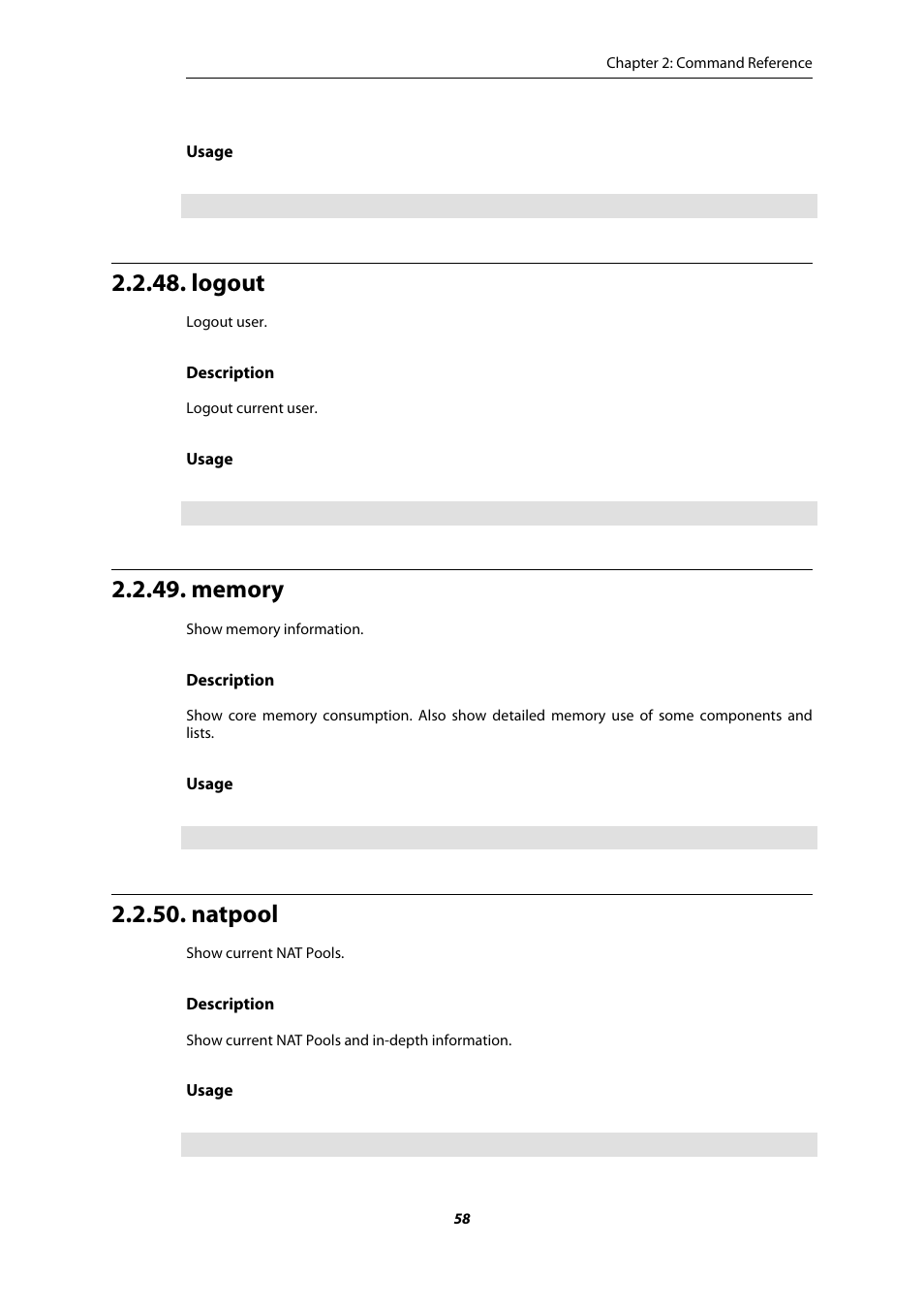 Logout, Memory, Natpool | Amer Networks E5 CLI User Manual | Page 58 / 290