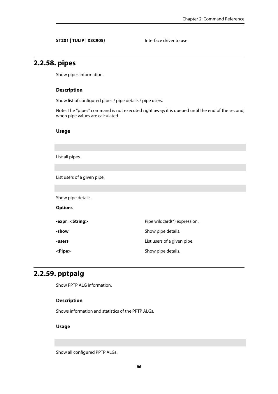 Pipes, Pptpalg | Amer Networks E5 CLI User Manual | Page 66 / 290