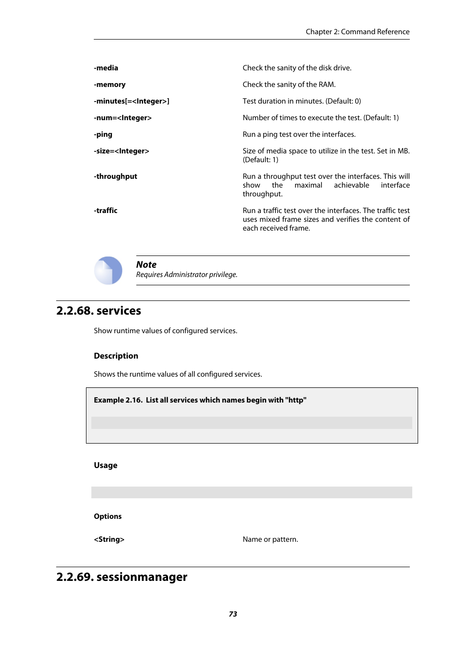 Services, Sessionmanager, List all services which names begin with "http | Amer Networks E5 CLI User Manual | Page 73 / 290