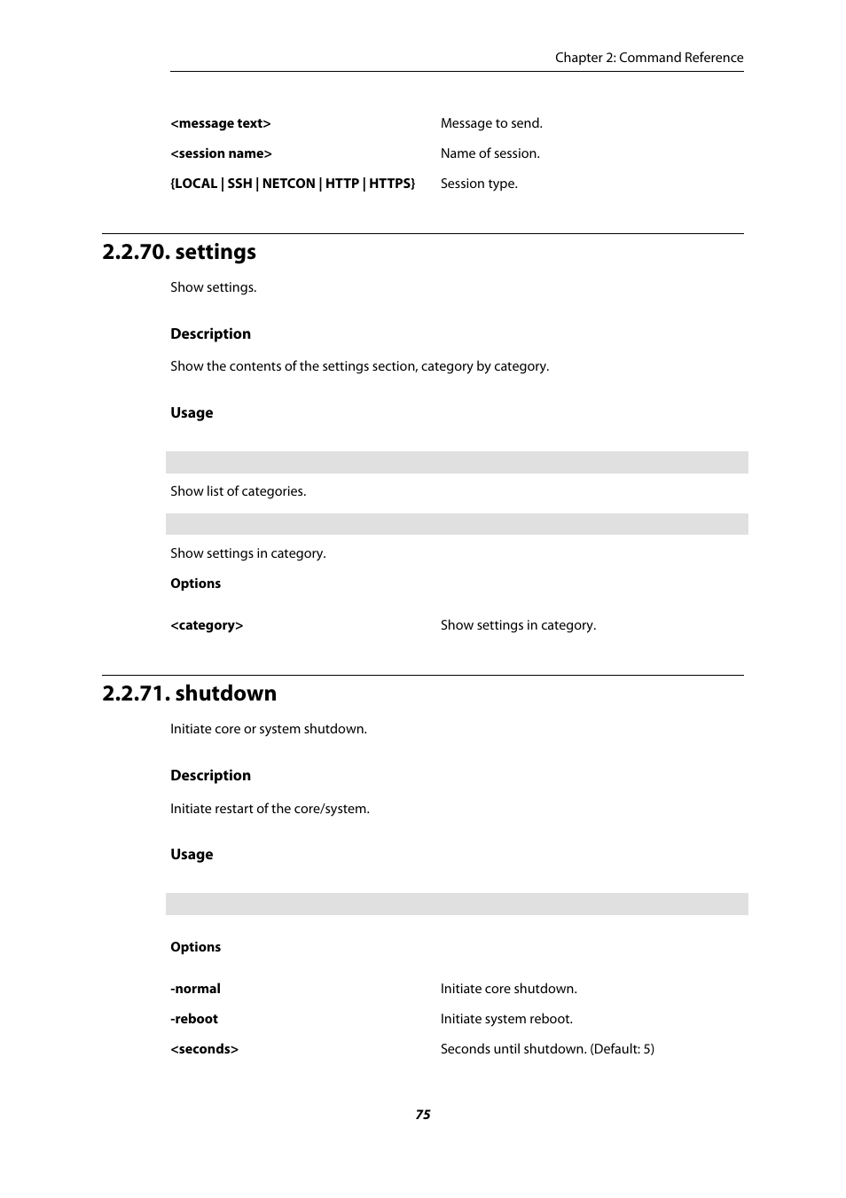 Settings, Shutdown | Amer Networks E5 CLI User Manual | Page 75 / 290