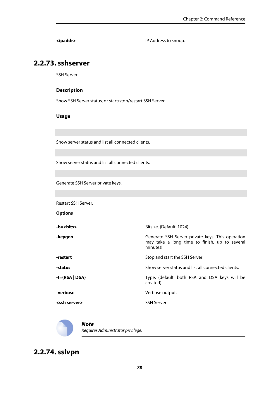 Sshserver, Sslvpn | Amer Networks E5 CLI User Manual | Page 78 / 290