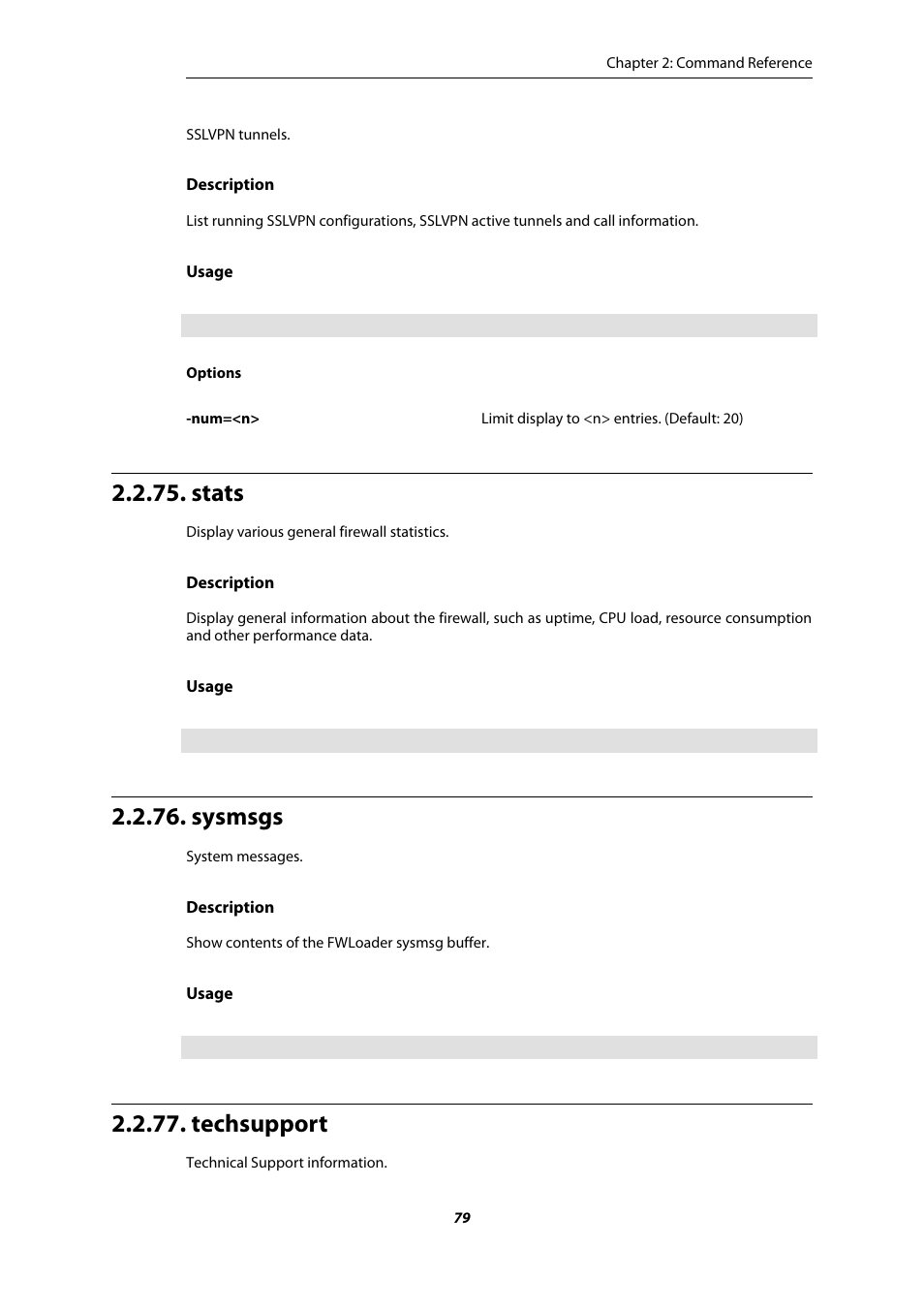 Stats, Sysmsgs, Techsupport | Amer Networks E5 CLI User Manual | Page 79 / 290