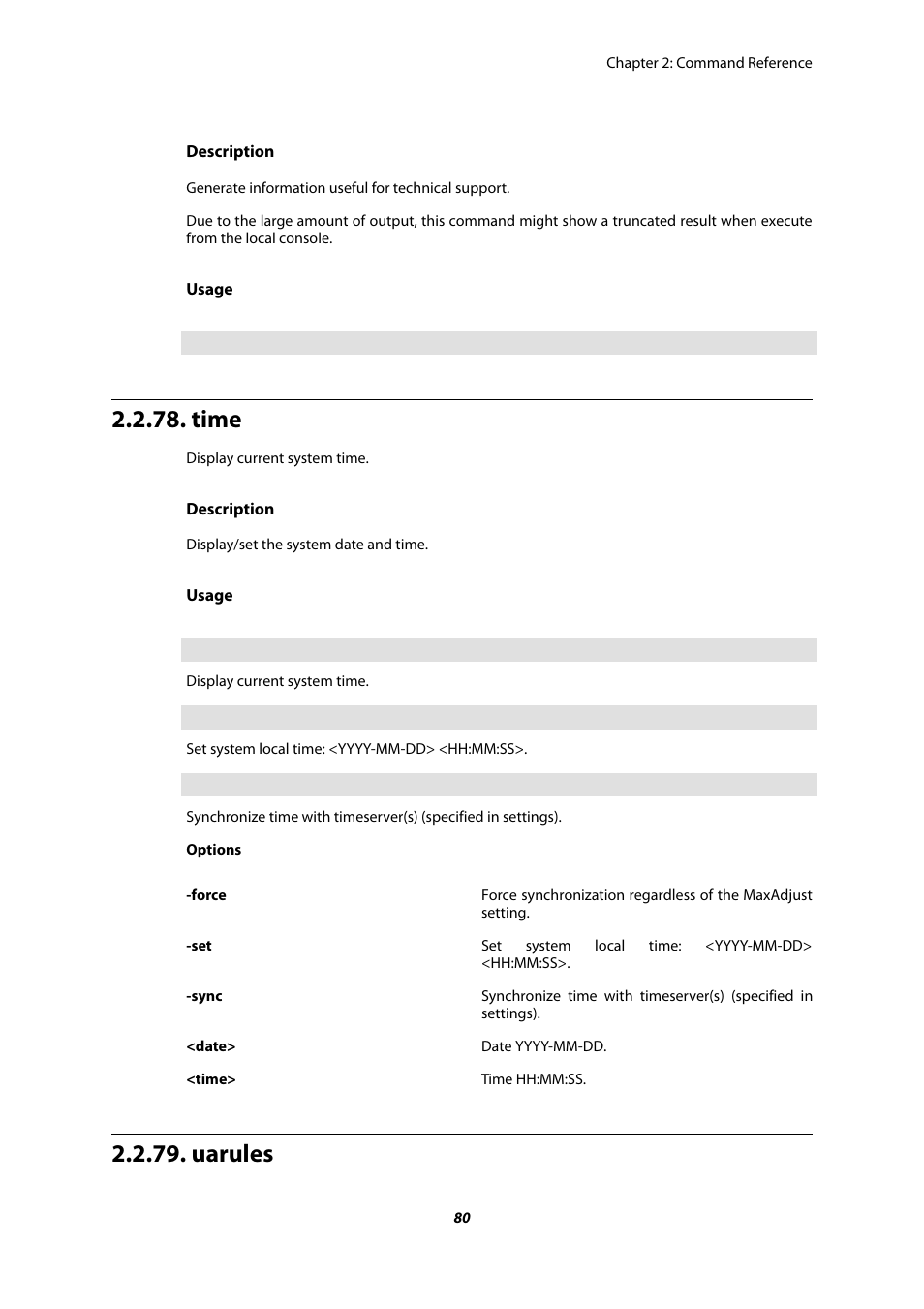 Time, Uarules | Amer Networks E5 CLI User Manual | Page 80 / 290