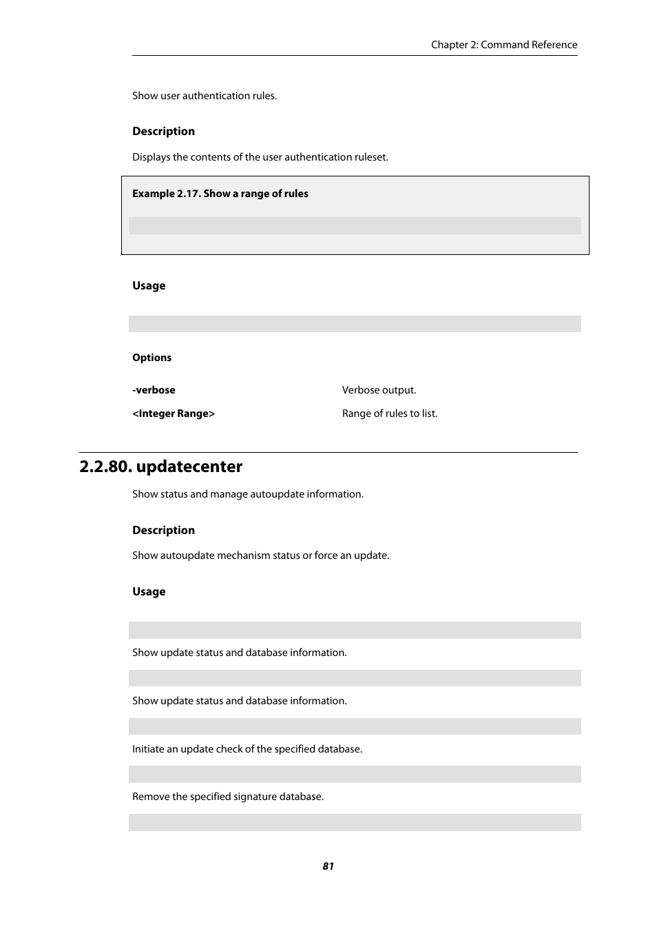 Updatecenter, Show a range of rules | Amer Networks E5 CLI User Manual | Page 81 / 290