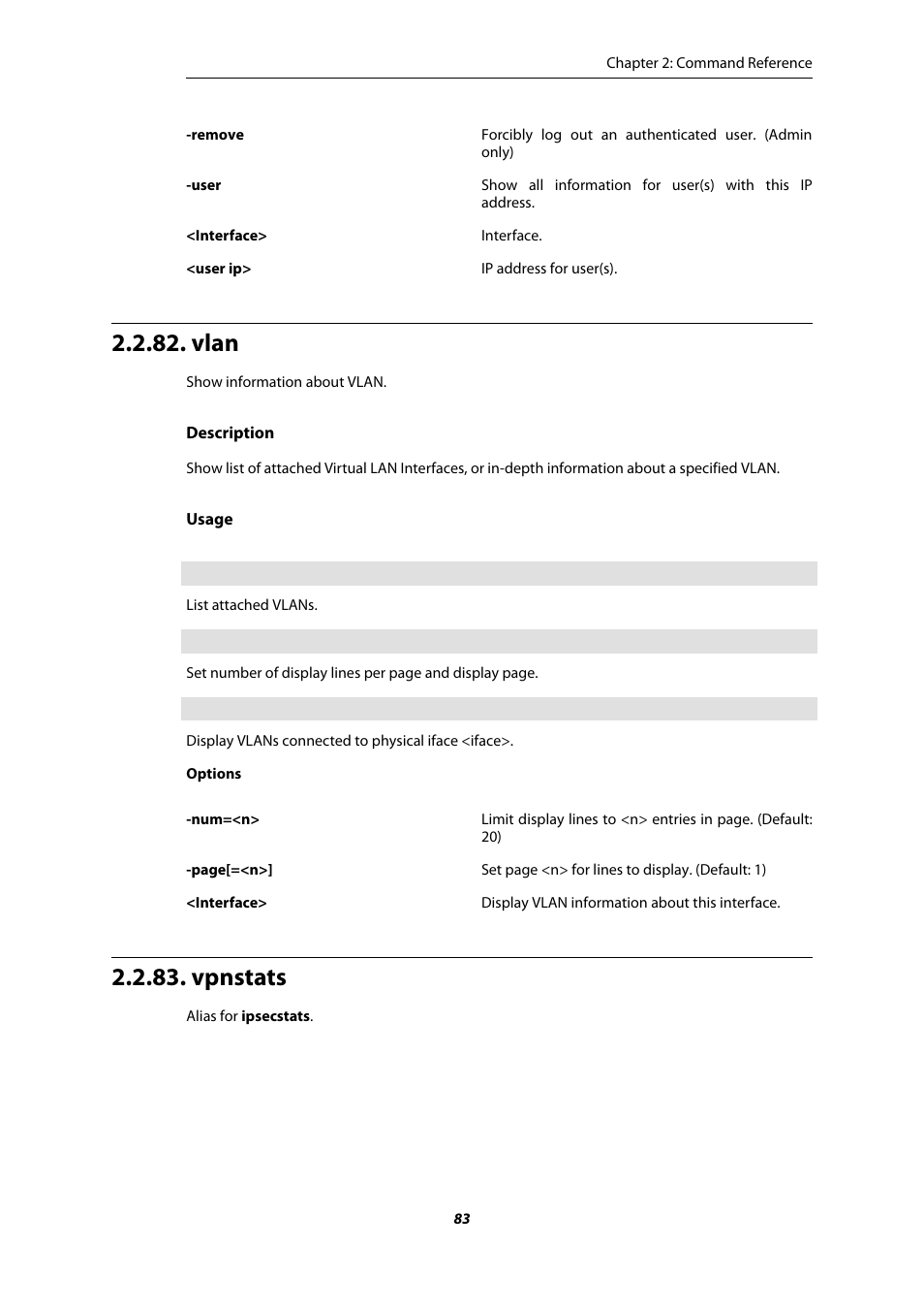 Vlan, Vpnstats | Amer Networks E5 CLI User Manual | Page 83 / 290