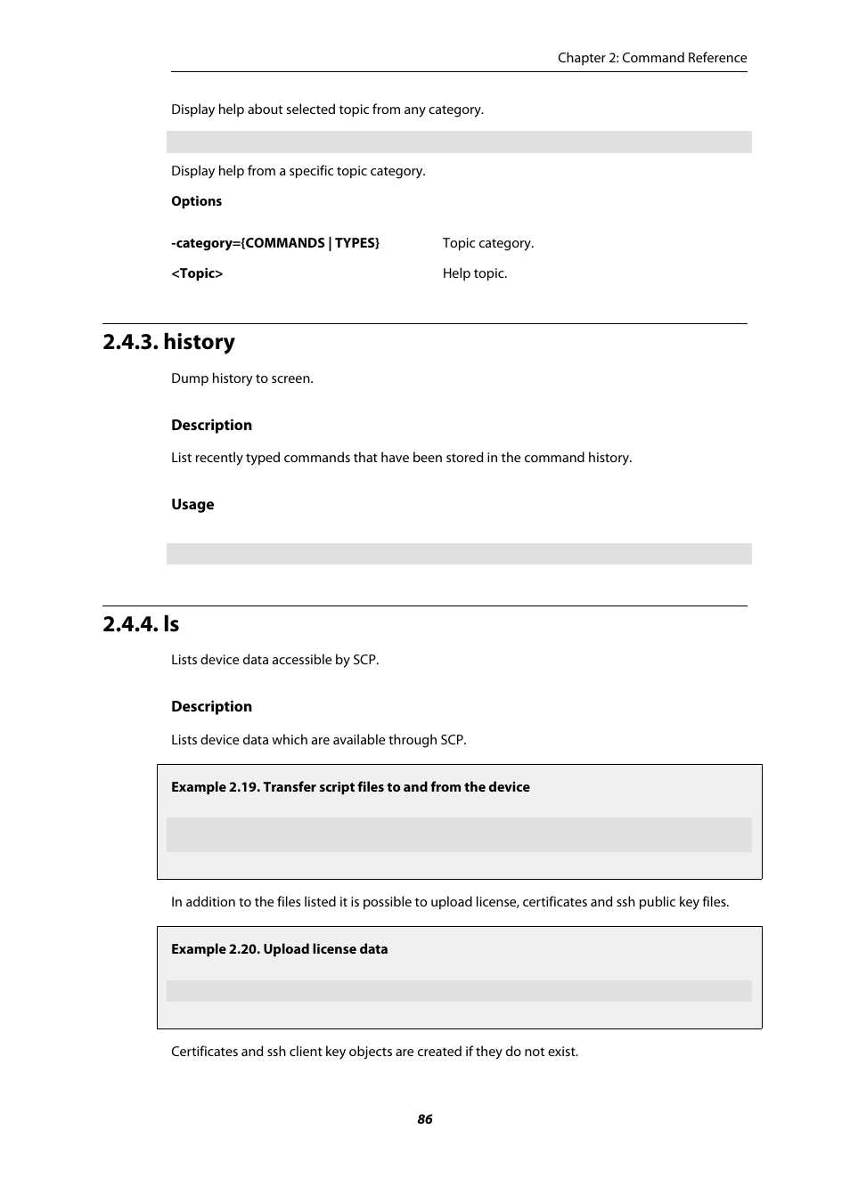 History, Transfer script files to and from the device, Upload license data | Amer Networks E5 CLI User Manual | Page 86 / 290