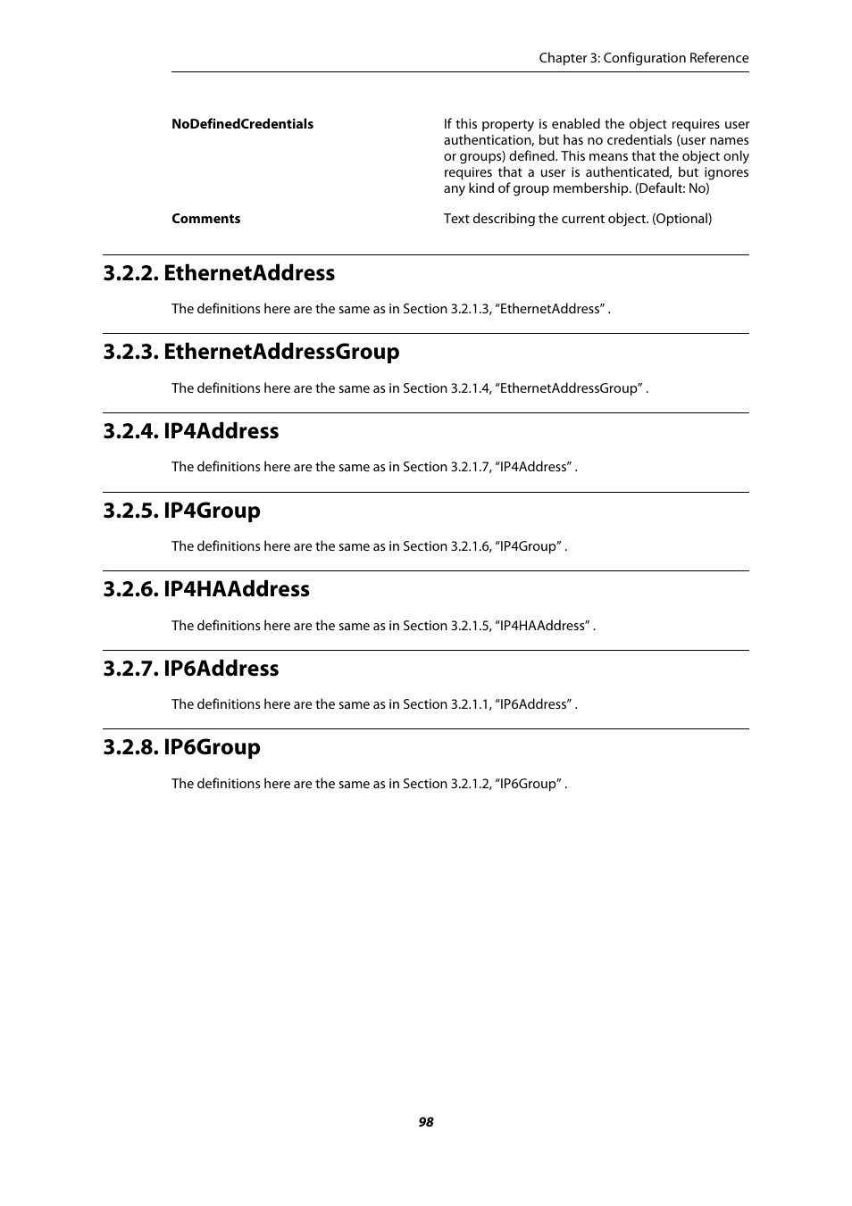 Ethernetaddress, Ethernetaddressgroup, Ip4address | Ip4group, Ip4haaddress, Ip6address, Ip6group | Amer Networks E5 CLI User Manual | Page 98 / 290