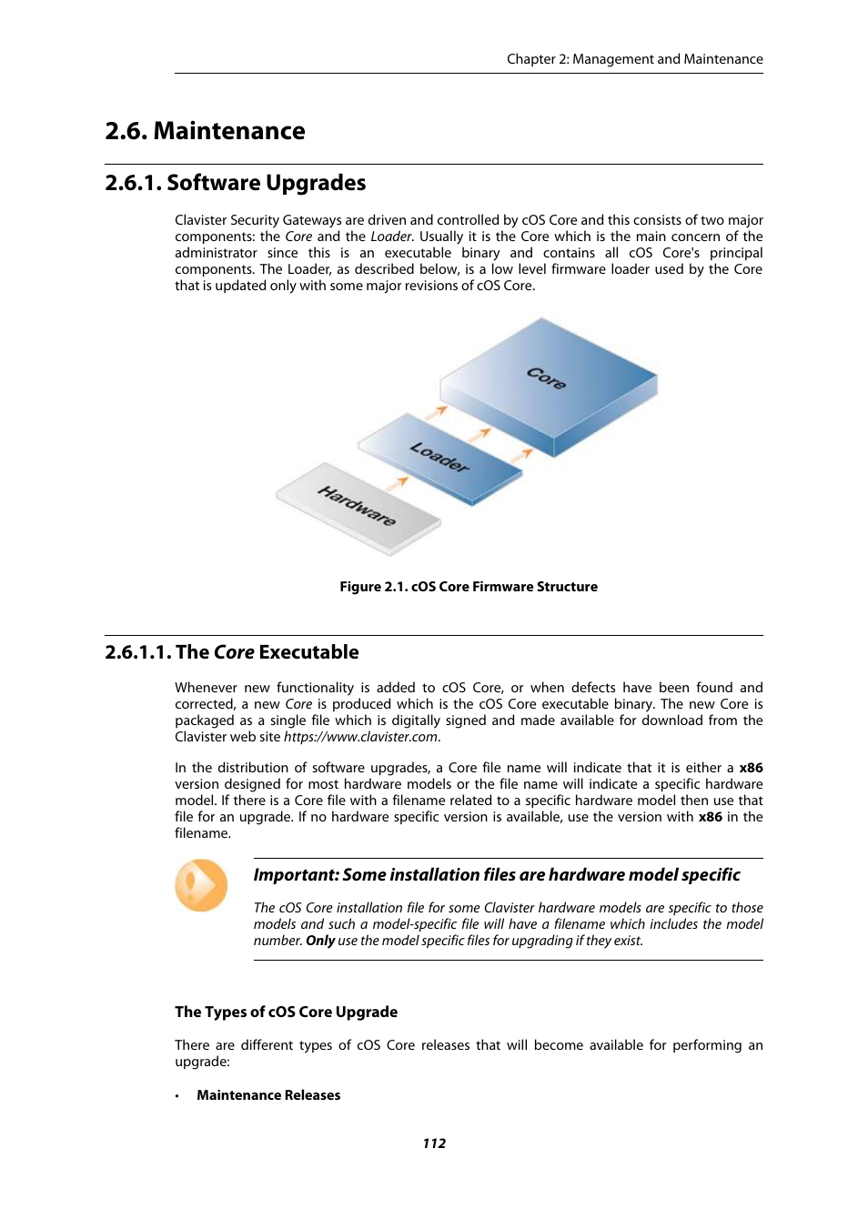 Maintenance, Software upgrades, The core executable | Cos core firmware structure | Amer Networks E5Web GUI User Manual | Page 112 / 777