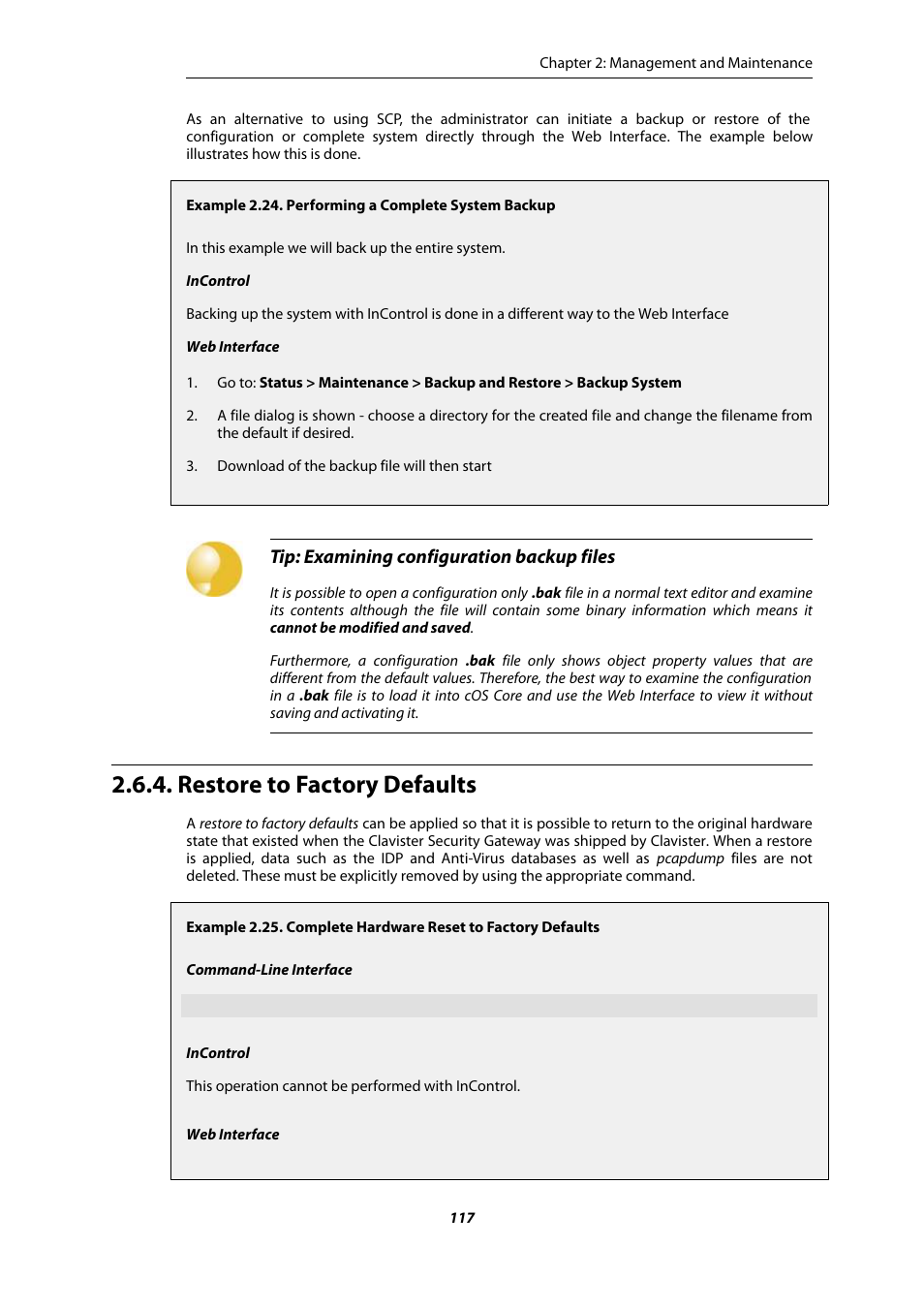 Restore to factory defaults, Performing a complete system backup, Complete hardware reset to factory defaults | Tip: examining configuration backup files | Amer Networks E5Web GUI User Manual | Page 117 / 777