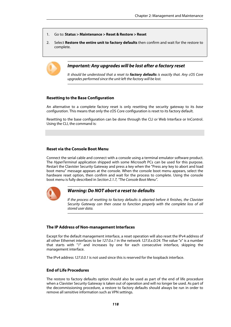 Warning: do not abort a reset to defaults | Amer Networks E5Web GUI User Manual | Page 118 / 777