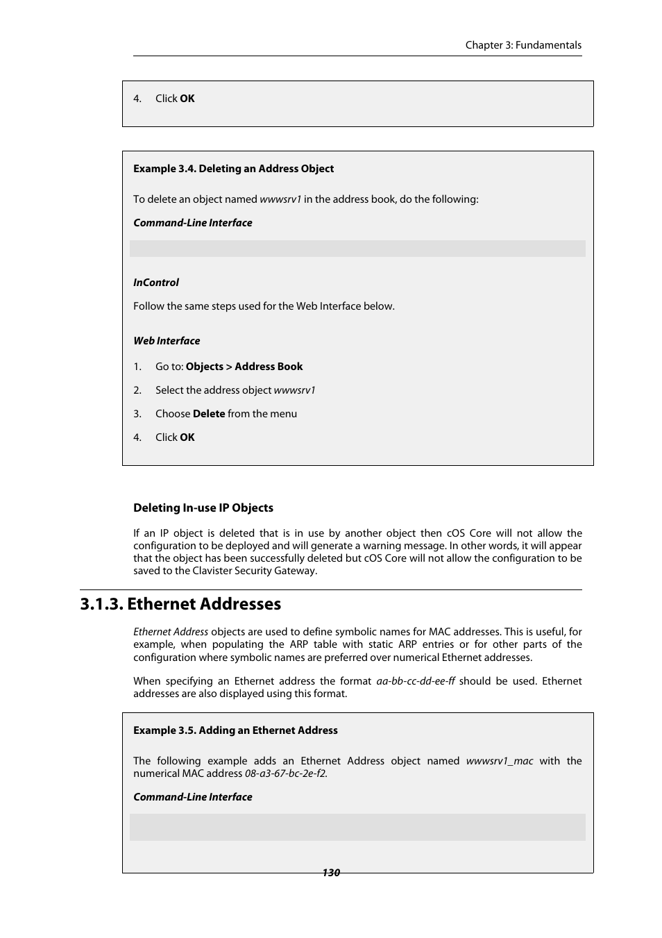Ethernet addresses, Deleting an address object, Adding an ethernet address | Amer Networks E5Web GUI User Manual | Page 130 / 777