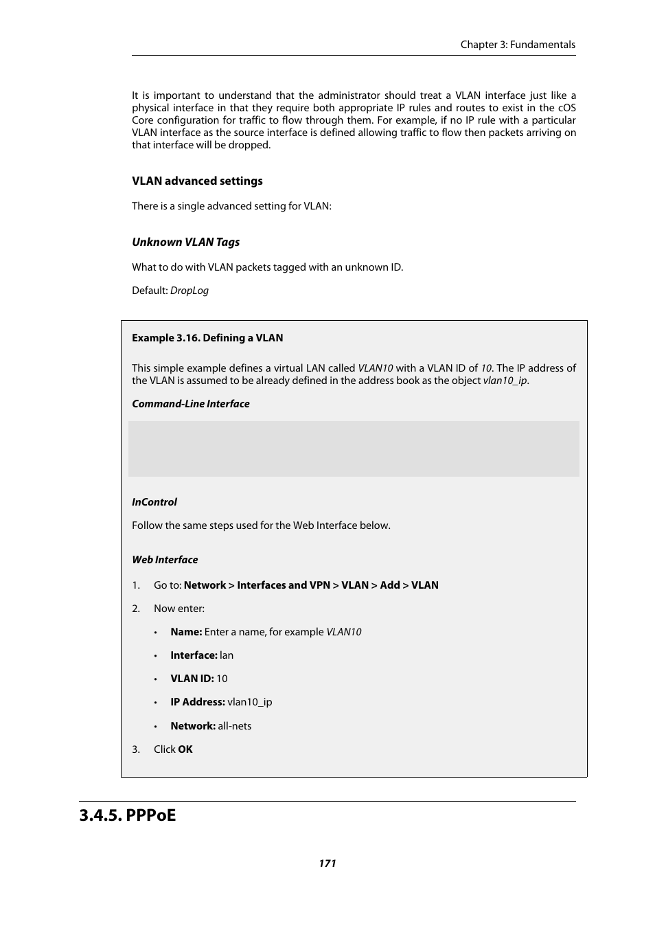 Pppoe, Defining a vlan, Section 3.4.5, “pppoe | Amer Networks E5Web GUI User Manual | Page 171 / 777