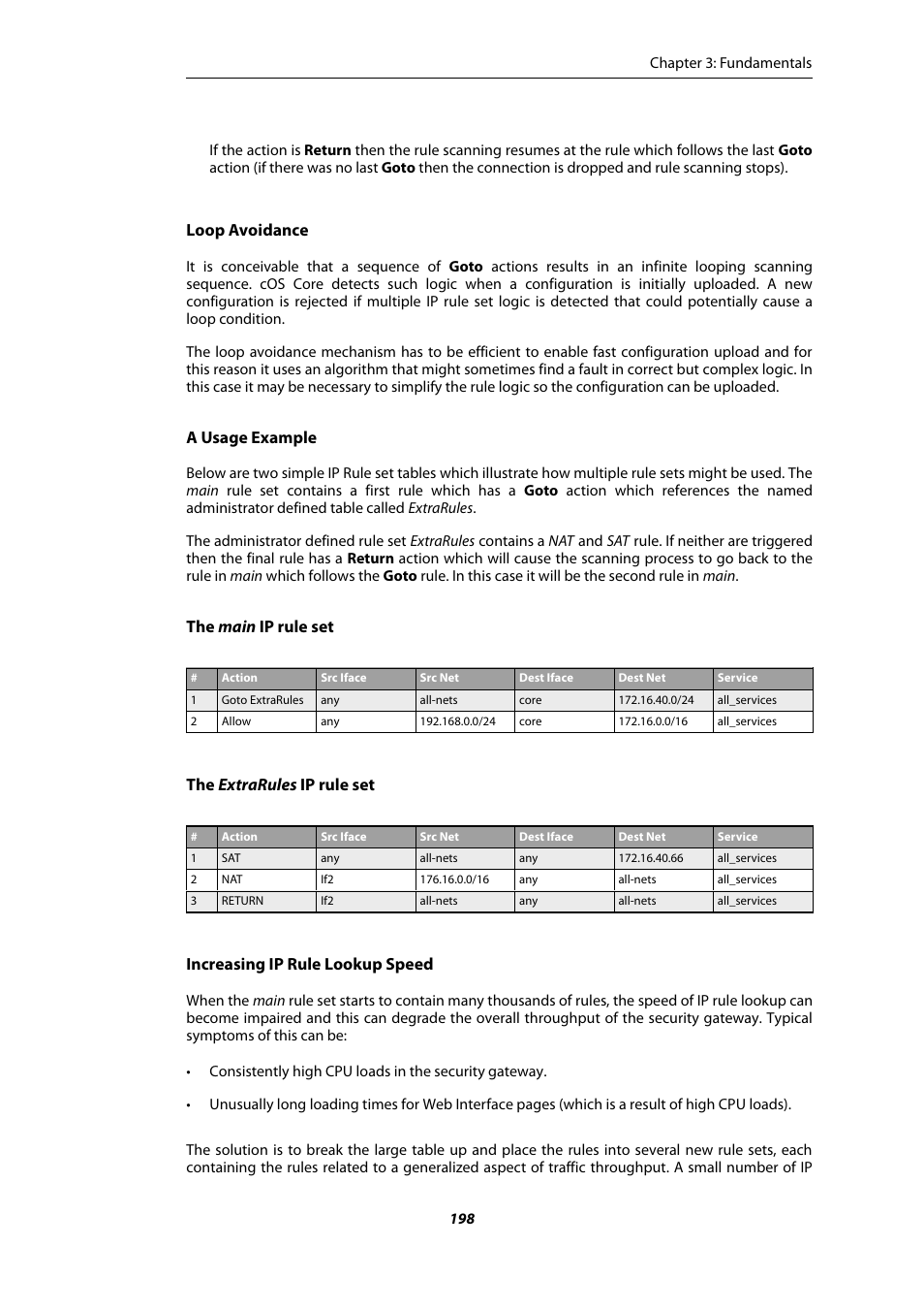 Loop avoidance, A usage example, The main ip rule set | The extrarules ip rule set, Increasing ip rule lookup speed | Amer Networks E5Web GUI User Manual | Page 198 / 777