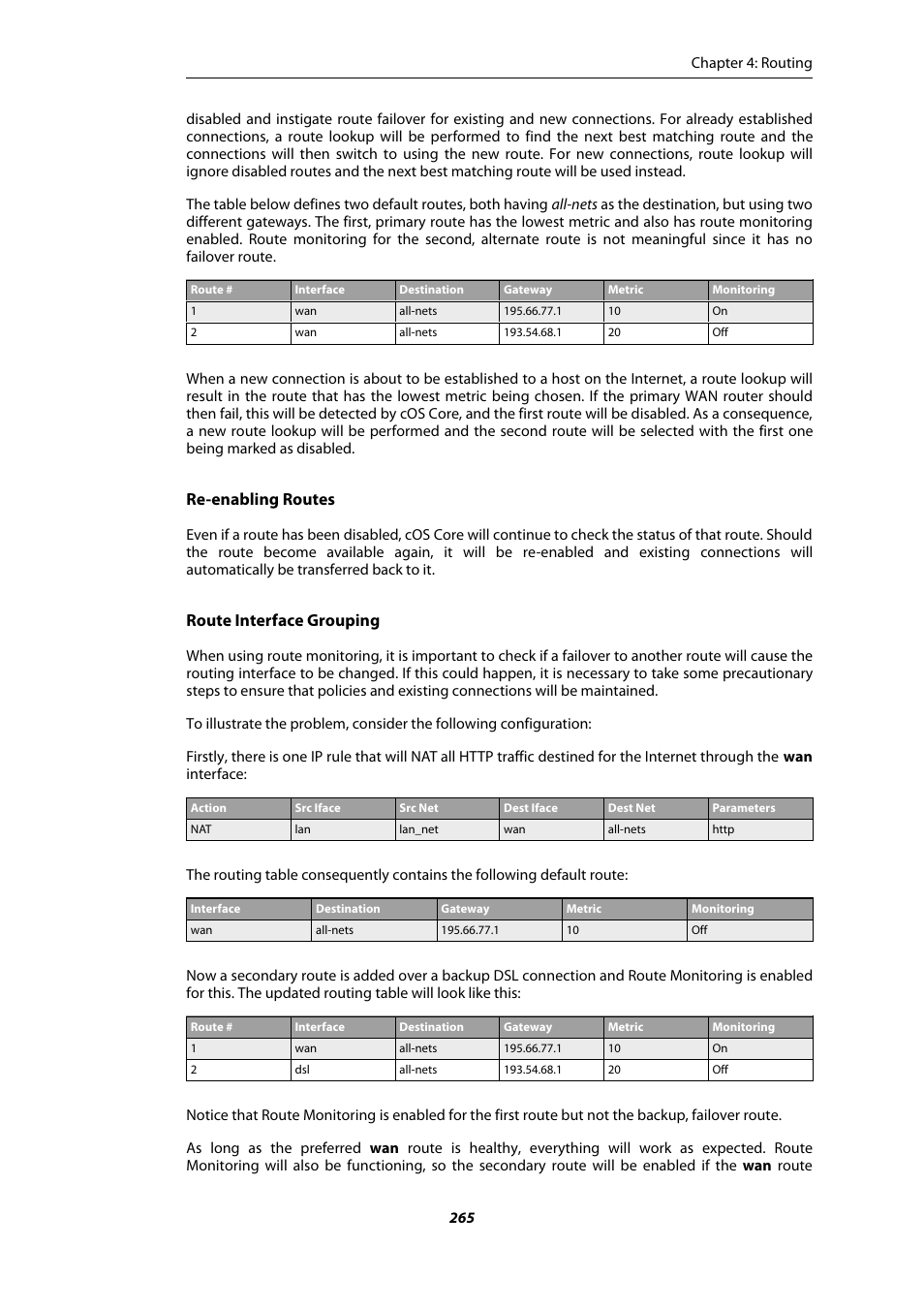 Re-enabling routes, Route interface grouping | Amer Networks E5Web GUI User Manual | Page 265 / 777