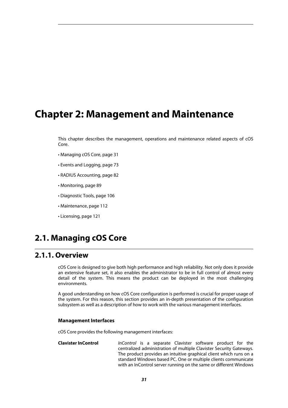 Chapter 2: management and maintenance, Managing cos core, Overview | Management and maintenance, Chapter 2, management and maintenance | Amer Networks E5Web GUI User Manual | Page 31 / 777